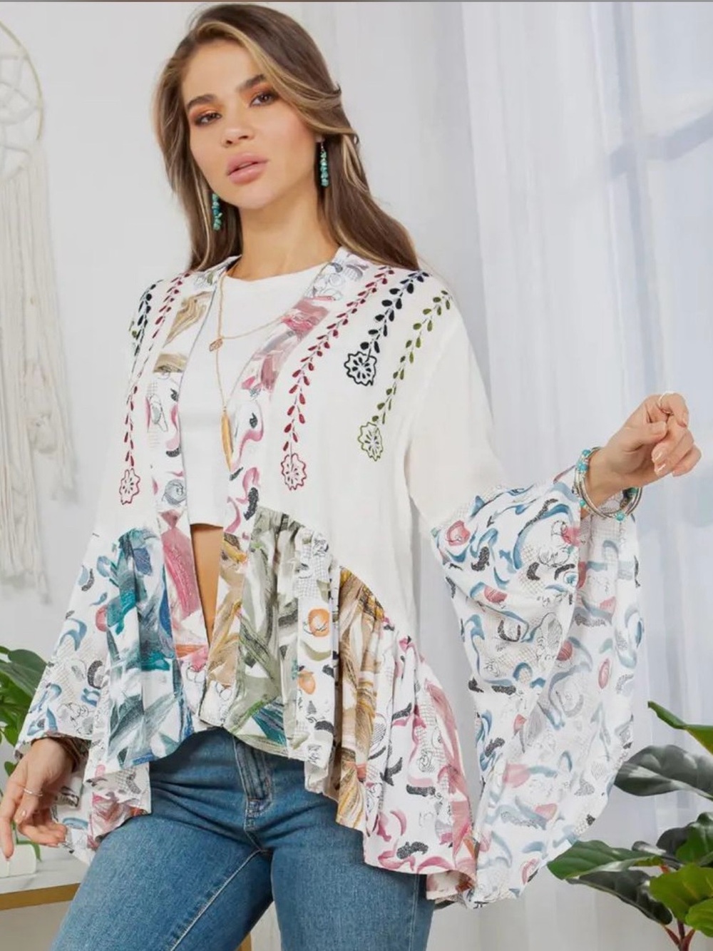 NWT - Young Threads Embroidered Kimono Top - Cream with Pink & Olive Stitching